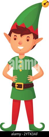 Buon elfo di natale con indosso un tradizionale costume verde e rosso, sorridente gioiosamente e in posa con le mani sui fianchi, che trasuda allegria festosa e pronto a farlo Illustrazione Vettoriale