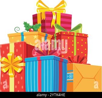 Vivace pila di regali di natale colorati, adornati da allegri nastri, eleganti fiocchi e festose foglie di agrifoglio, per creare un gioioso e invitante Illustrazione Vettoriale