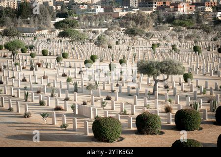 Una vista solenne del Cimitero di guerra di El Alamein, con lapidi allineate in modo ordinato circondate da piante desertiche , che commemorano i soldati britannici della seconda guerra mondiale. Foto Stock