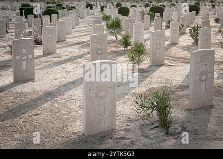 Vista ravvicinata delle lapidi presso il cimitero di guerra di El Alamein, con i memoriali della fanteria neozelandese. Le lapidi ordinate onorano i soldati della seconda guerra mondiale. Foto Stock