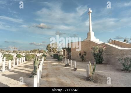 Il cimitero di guerra di El Alamein in Egitto, in onore dei soldati della seconda guerra mondiale, presenta tombe bianche, un ambiente sereno nel deserto e l'importante Croce del sacrificio. Foto Stock