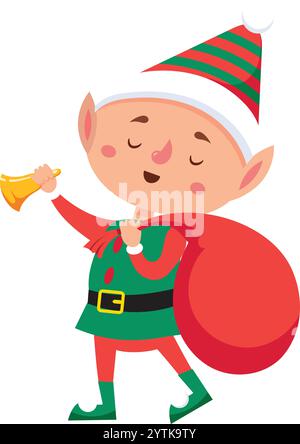 L'elfo di Natale suona una campana dorata mentre porta con sé un grande sacco rosso pieno di regali di natale, a occhi chiusi, con indosso un costume rosso e verde Illustrazione Vettoriale