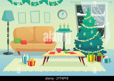 Accogliente soggiorno con decorazioni natalizie, un albero di natale splendidamente illuminato, regali avvolti, un comodo divano e una tazza calda accanto all'Avvento Illustrazione Vettoriale