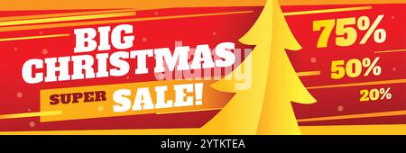 Grande banner natalizio con un albero di natale dorato stilizzato e percentuali di sconto che vanno dal 20% al 75%, promozione Illustrazione Vettoriale