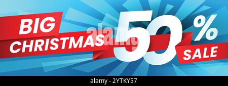 Grande banner pubblicitario natalizio con nastri rossi e sconto del 50% su uno sfondo blu vivace, da cui esplodono forme astratte Illustrazione Vettoriale