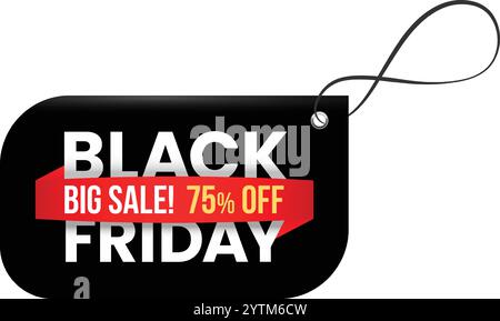 Sconto del 75% per il Black friday con nastro rosso e cordicella appesi su sfondo bianco per promuovere le offerte di shopping stagionali Illustrazione Vettoriale
