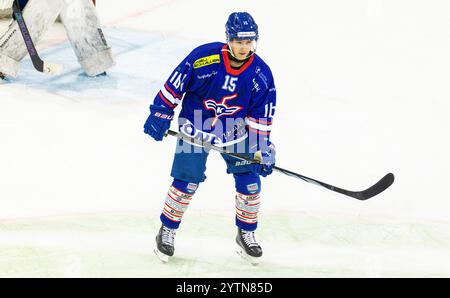 Kloten, Svizzera, 17 novembre 2024: #15 Demian Gramegna, difensore EHC Kloten U20-Elit Team. (Foto di Andreas Haas/dieBildmanufaktur) Foto Stock