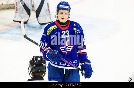 Kloten, Svizzera, 17 novembre 2024: #23 Dags Terauds, attaccante EHC Kloten U20-Elit Team. (Foto di Andreas Haas/dieBildmanufaktur) Foto Stock