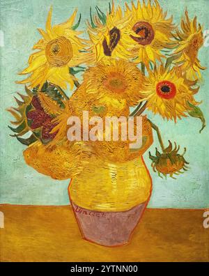 Vincent Van Gogh Girasoli 1889; Vincent Van Gogh fece una serie di dipinti di girasoli; Van Gogh anni '1800 dipinto ad olio di un vaso di fiori Foto Stock