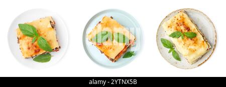 Set di deliziose lasagne isolate su bianco. Vista dall'alto Foto Stock