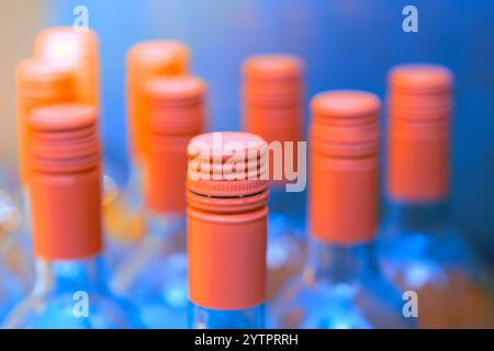Fila di bottiglie di vino rosa con tappi di vari colori. Bottiglie di vino vuote allineate, ciascuna con un tappo colorato, per creare un colorato arr Foto Stock