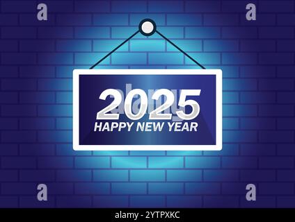 2025 Happy New Year, cartello appeso su sfondo mattone neon. Illustrazione vettoriale Premium 2025 Illustrazione Vettoriale