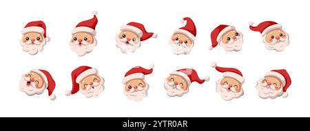 Le teste di Babbo Natale che mostrano espressioni uniche avatar, set di icone vettoriali a colori piatti. Pacchetto di personaggi per la celebrazione dell'atmosfera di Natale su bianco Illustrazione Vettoriale