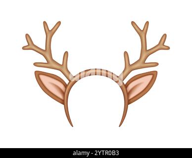 Fascia per le corna di renna con orecchie realistiche illustrazioni vettoriali. Accessorio per festeggiare il Natale oggetto 3d su sfondo bianco Illustrazione Vettoriale