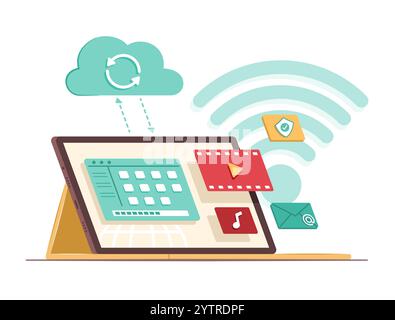 Illustrazione del concetto di sincronizzazione dei file di dati con Cloud Computing Server for Wireless Connection Technology Illustrazione Vettoriale