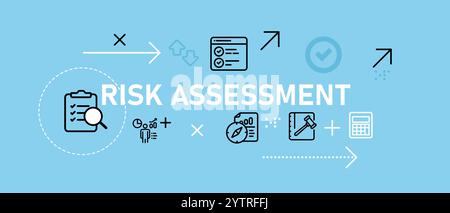 La valutazione dei rischi misura i danni di controllo rischiosi derivanti dall'incertezza nel concetto di illustrazione dell'intestazione Web aziendale con icona piatta Illustrazione Vettoriale
