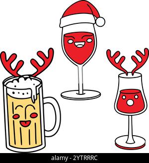 Tazza di birra Santa Hat con set di renne Illustrazione Vettoriale