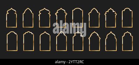 Porte e porte islamiche. Set di cornici arabe dorate. Icone Ramadan Kareem isolate su sfondo scuro. Illustrazione vettoriale in stile orientale Illustrazione Vettoriale