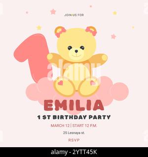 Invito alla festa di compleanno dei bambini con un simpatico orsacchiotto e un numero. 1° compleanno. Festeggiamenti per il primo compleanno. Modello biglietto d'auguri per bambini. Illustrazione vettoriale. Illustrazione Vettoriale