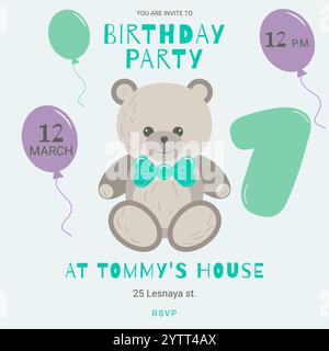 Invito a una festa di compleanno per bambini con un simpatico orso con arco e numero. Festeggiamenti per il primo compleanno. Modello biglietto d'auguri per bambini. Illustrazione vettoriale. Illustrazione Vettoriale