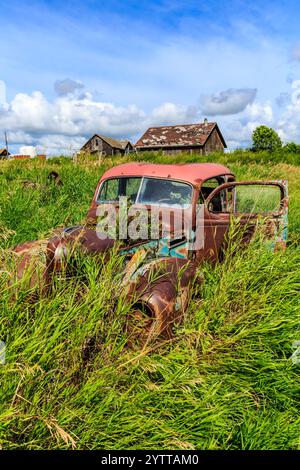 Una vecchia macchina arrugginita è seduta in un campo di erba alta. L'auto è circondata da erbacce e viene abbandonato. Concetto di nostalgia e sensazione di bein Foto Stock