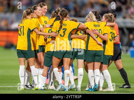 Geelong, Australia. 7 dicembre 2024. L'australiano Matildas ha visto celebrare la vittoria durante la partita amichevole contro i Matildas contro il cinese Taipei. Partita di addio per l'australiano Clare Polkinghorne. Punteggio finale Australia 6 - Chinese Taipei 0. (Foto di Olivier Rachon/SOPA Images/Sipa USA) credito: SIPA USA/Alamy Live News Foto Stock