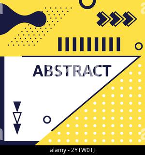 Moderno design astratto caratterizzato da uno sfondo giallo vibrante con forme geometriche, tra cui cerchi, frecce e una cornice bianca prominente, che crea una composizione dinamica e visivamente accattivante Illustrazione Vettoriale