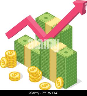 Pile di banconote verdi e monete d'oro che formano un grafico ascendente con una freccia rivolta verso l'alto, che rappresenta la crescita finanziaria, il successo degli investimenti e l'aumento dei profitti Illustrazione Vettoriale