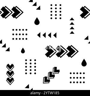 Motivo senza cuciture che mostra frecce dinamiche, triangoli e quadrati punteggiati per un design accattivante con un forte contrasto bianco e nero Illustrazione Vettoriale