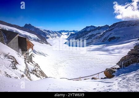 Vista sul grande ghiacciaio Aletsch da Jungfraujoch, il più grande ghiacciaio delle Alpi, in Svizzera Foto Stock