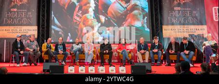 DORTMUND, Germania. 7 dicembre 2024. Pannello di attori vocali (Tom Ferenc, Sven Plate, Markus Off, Peter Flechtner, Ozan Ünal, Katrin Fröhlich, Torsten Sträter, Bettina Weiß, Frank Röth, Rene Dawn Claude, Oliver Stritzel, Peter Lontzek, Reiner Schöne) al German Film and Comic con Credit: Markus Wissmann/Alamy Live News Foto Stock