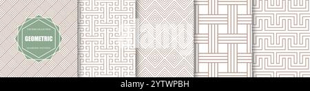 Raccolta di ripetizioni geometriche senza cuciture vettoriali. Sfondi a righe beige astratti ed eleganti. Texture lineari minimalistiche. Stampe inusuali senza fine. Illustrazione Vettoriale
