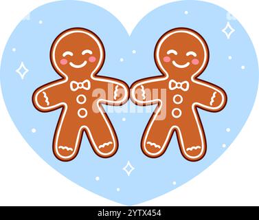 Carino carino cartoni animati gingerbread uomo gay coppia innamorata. Divertente illustrazione del vettore dei biscotti natalizi. Illustrazione Vettoriale