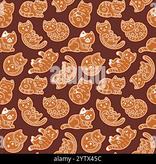 Carino cartoni animati gesso biscotti gatto motivo senza cuciture. Semplici e adorabili scarabocchi disegnati a mano su sfondo marrone. Illustrazione del vettore natalizio. Illustrazione Vettoriale