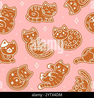 Carino cartoni animati gesso biscotti gatto motivo senza cuciture. Semplici e adorabili scarabocchi disegnati a mano su sfondo rosa. Illustrazione del vettore natalizio. Illustrazione Vettoriale