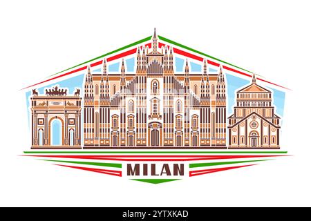 Illustrazione vettoriale di Milano, segno orizzontale con design lineare famoso paesaggio urbano di milano sullo sfondo del cielo diurno, linea urbana europea art conce Illustrazione Vettoriale
