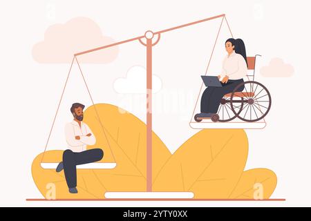 Ableismo, discriminazione nel lavoro per le persone con disabilità, disparità di diritti, difficile da integrare nella squadra. Piccolo uomo e donna con sedia a rotelle su scale sbilanciate illustrazione vettoriale dei cartoni animati Illustrazione Vettoriale