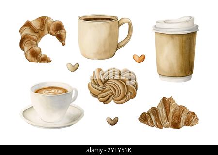 Tazze da caffè e tè e dolci da forno freschi. Bevande calde e pasticcini. Illustrazione isolata per alimenti verniciata a mano ad acquerello per la progettazione di bar, Foto Stock