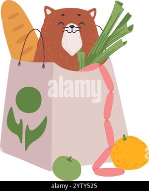 Adorabile gatto cartoni animati che porta una borsa della spesa riutilizzabile piena di generi alimentari freschi, promuovendo la proprietà ecologica degli animali domestici e sane abitudini alimentari Illustrazione Vettoriale