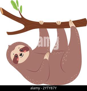 Adorabile bradipo dei cartoni animati appeso a testa in giù da un ramo d'albero, godendosi una vita tranquilla nella foresta pluviale, ideale per libri per bambini e affascinanti progetti di fauna selvatica Illustrazione Vettoriale