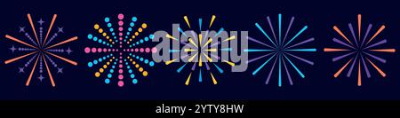 Set di fuochi d'artificio colorati su sfondo scuro. Illustrazione Vettoriale