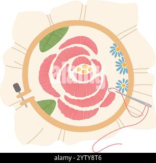 Ago e filo ricamano una rosa rosa rosa e margherite blu su un cerchio circolare, mostrando l'arte del ricamo e creando uno splendido design floreale Illustrazione Vettoriale