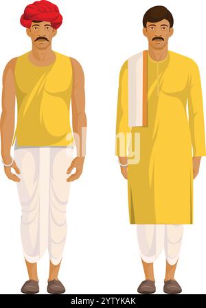 Uomini indiani del villaggio, uomo indiano in abiti tradizionali Illustrazione Vettoriale