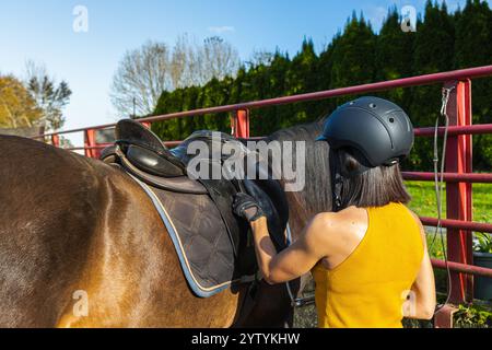 Una donna che indossa un casco da equitazione regola la sella su un cavallo in un ambiente di ranch soleggiato, concentrandosi sulla preparazione equestre e la sicurezza. Stile di vita. Foto Stock