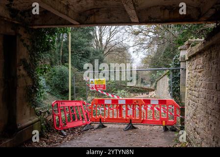 Oxford, Regno Unito, 8 dicembre 2024. Un grande albero blocca Headington Hill completamente dopo Storm Darragh. Headington Hill è la strada principale dal centro di Oxford verso Londra e la M40. Gli autobus e gli altri tipi di traffico vengono deviati prima dell'inizio dei lavori di sgombero della strada. Crediti: Martin Anderson/Alamy Live News. Foto Stock