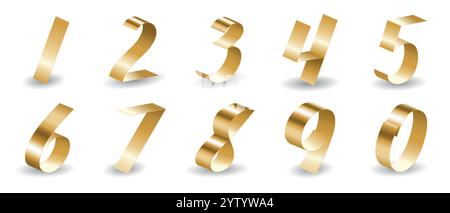 Numeri del nastro dorato isolati su sfondo bianco. Carattere corsivo. Illustrazione vettoriale. Illustrazione Vettoriale