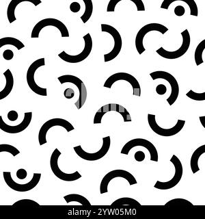 Motivo senza cuciture con forme geometriche nere su sfondo bianco, che crea un design dinamico e visivamente accattivante con semicerchi e cerchi Illustrazione Vettoriale