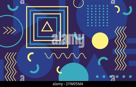 Forme e linee geometriche vibranti creano una composizione astratta dinamica e moderna, ideale per sfondi, poster o disegni digitali con un'estetica retrò anni '80 o '90 Illustrazione Vettoriale