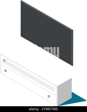 Televisore a schermo piatto con schermo vuoto, montato sulla parete sopra un elegante centro di intrattenimento bianco con cassetti, presentato in proiezione isometrica Illustrazione Vettoriale