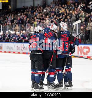 Torjubel Freude Ryan Stoa (13, Nuernberg Ice Tigers, NIT ) und Teamkollegen, Nuernberg Ice Tigers vs. Iserlohn Roosters, Eishockey, Penny DEL, 24. Spieltag, 08.12.2024, foto: Eibner-Pressefoto/Thomas Hahn Foto Stock